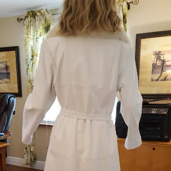 EXC Long White Leather Coat Fox Fur Collar 8 10 12 - Picture 5 of 10